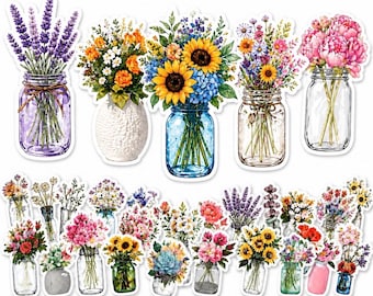 May include: A collection of floral stickers featuring watercolor illustrations of bouquets in mason jars and vases. The bouquets include lavender, sunflowers, and mixed wildflowers in various colors. The jars and vases are clear, blue, and white.