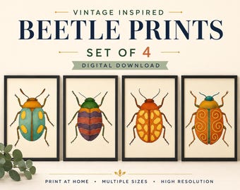Mid-Century Modern Beetle Print Set: Colorful Insect Art (Digital Download, 8 Sizes)