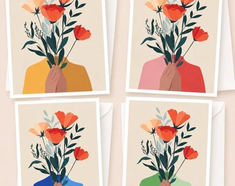 Modern Floral Note Cards – Scandinavian Folk Art Stationery Set (8 Cards)