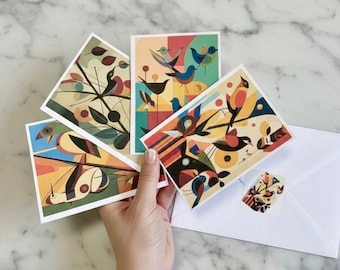 Mid Century Modern Bird Notecard Set with Envelopes and Stickers- Blank Cards - Gift Boxed