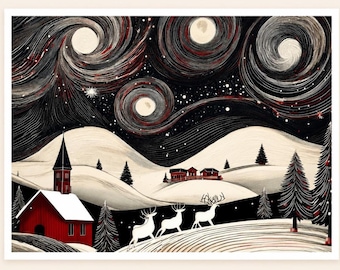 Christmas Cards with Envelopes – Snowy Village Reindeer Holiday Notecard Set | Personalized, Bulk, Gift Boxed