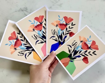Mid-Century Modern Floral Notecard Set: 14 Blank Greeting Cards