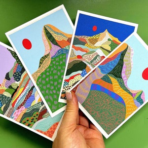 Set di biglietti di auguri Vibrant Mountain - Biglietti astratti boho moderni con buste. Vuoti o di ringraziamento. Opzione adesivo. In confezione regalo!