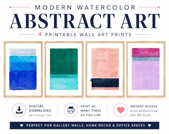 Set of 4 Modern Watercolor Abstract Art Prints – Minimalist Printable Wall Art (Digital Download)