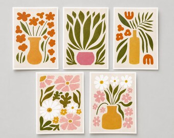 Modern Botanical Postcard Set of 12 – Scandinavian Floral Art Postcards – Pink Olive Mid Century Modern Cards – 4x6 or 5x7 Postcards