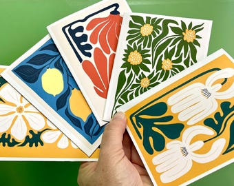 Mid-Century Modern Abstract Note Card Set – Choose 5 random cards or a full set of 14 w/ envelopes with optional stickers. Retro & stylish!