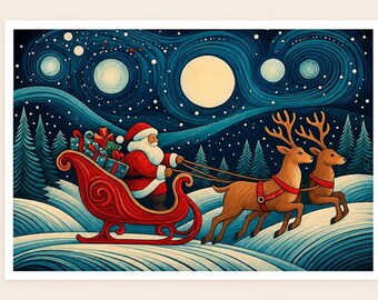 Santa Sleigh Christmas Cards – Van Gogh Night Sky Holiday Notecards (Set of 8)