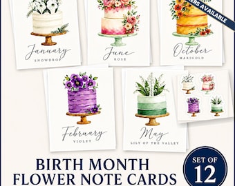 Birth Month Flower Note Cards Set of 12, Blank Botanical Greeting Cards with Envelopes, Watercolor Floral Stationery Gift for Garden Lovers