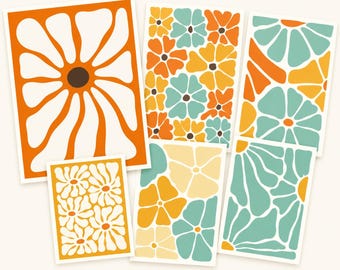 Mid Century Modern Floral Notecards Set, Retro Abstract Stationery (12 Cards)