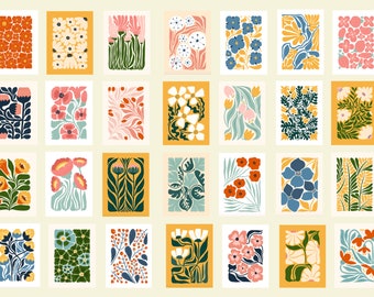 Note Card Set Mid Century Modern Flower Card Set-28 Cards w/ Envelopes-Thank You,Blank Card,Floral Cards, Stickers for Envelopes Available