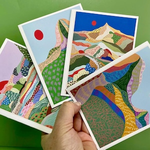 Conjunto de cartões de nota abstratos de montanha – 16 cartões em branco com envelopes e adesivos opcionais. Moderno, colorido e em caixa de presente para qualquer ocasião!
