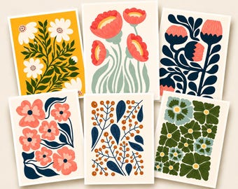 28 Unique Floral Notecards | Mid Century Modern Stationery Set, Blank Cards