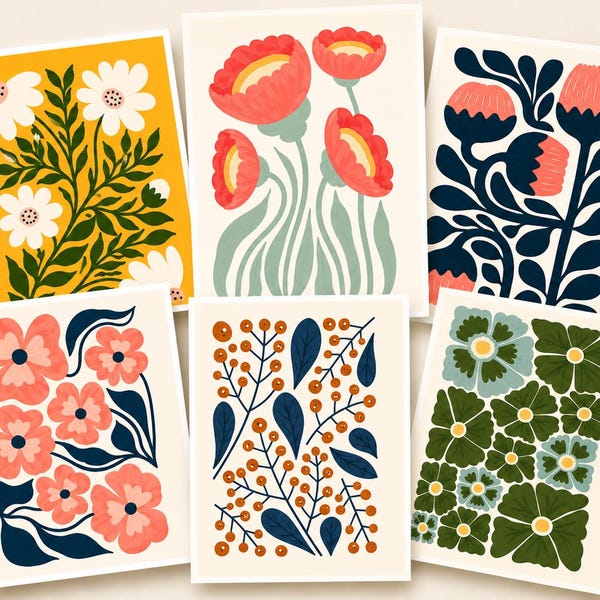 28 Unique Floral Notecards | Mid Century Modern Stationery Set, Blank Cards