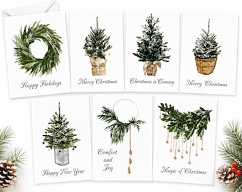 Set di biglietti di Natale con motivi botanici ad acquerello / Cancelleria natalizia in stile rustico (14 biglietti)