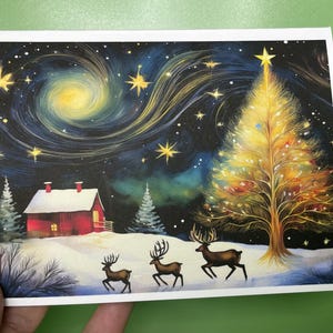 Conjunto de cartões Starry Night com veados, neve e árvores douradas - caixa de presente - adesivos disponíveis