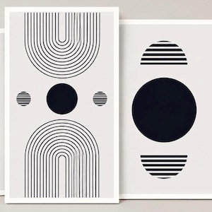 May include: Four framed art prints with minimalist geometric designs in black and white. Each print features a unique arrangement of circles, semi-circles, and vertical and horizontal lines, creating a modern aesthetic. The prints are displayed against a light gray background.