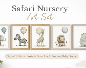 Safari Nursery Art Set: 5 Baby Animals, Neutral Decor (Digital Download)