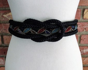 Beaded Braid Belt With Tassels - Black & Gold Glass Beads 