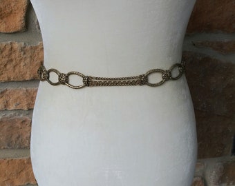 Vintage Belt 60s Gold Link Chain Belt with White Jewels Beads Medium