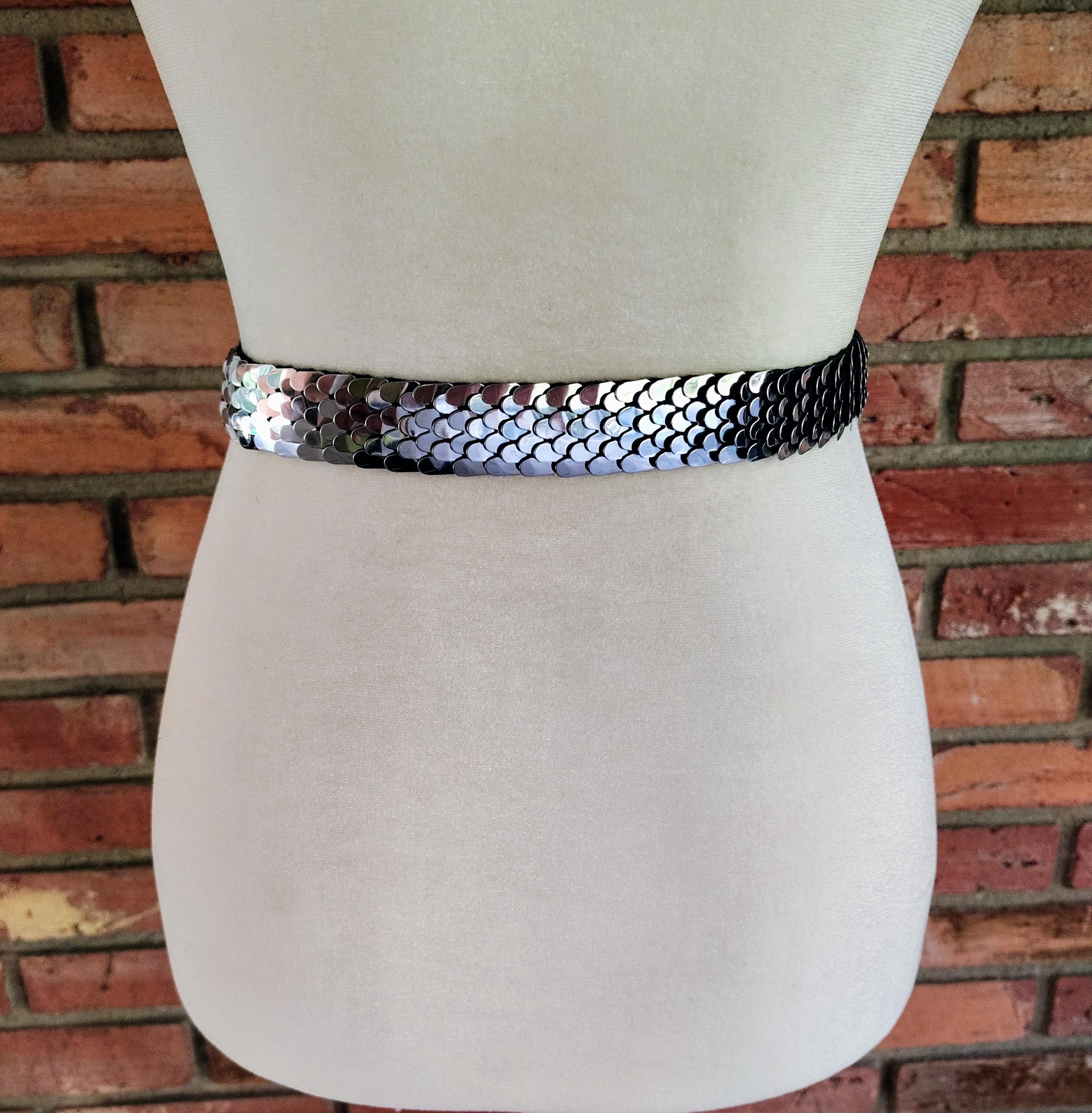 Vtg Belt Silver Metal Snake Fish Scale Disco Retro Elastic‎ Stretch Slinky Shiny Vintage Silver Metal Stretch Belt: Snake Scale Disco Design  main image 4