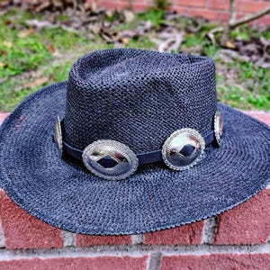 Handmade Concho Hat Band: Silver Diamond, Black Nubuck Leather, Western Style