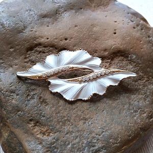 Vintage Rhinestone Brooch: Gold Tone Ruffled Leaf Pin, Mid-Century
