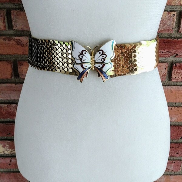 Vintage Stretch Belt Gold Metal Cloisonne Butterfly Buckle Colorful Snake Fish Scale Disco Belt Elastic Band Retro