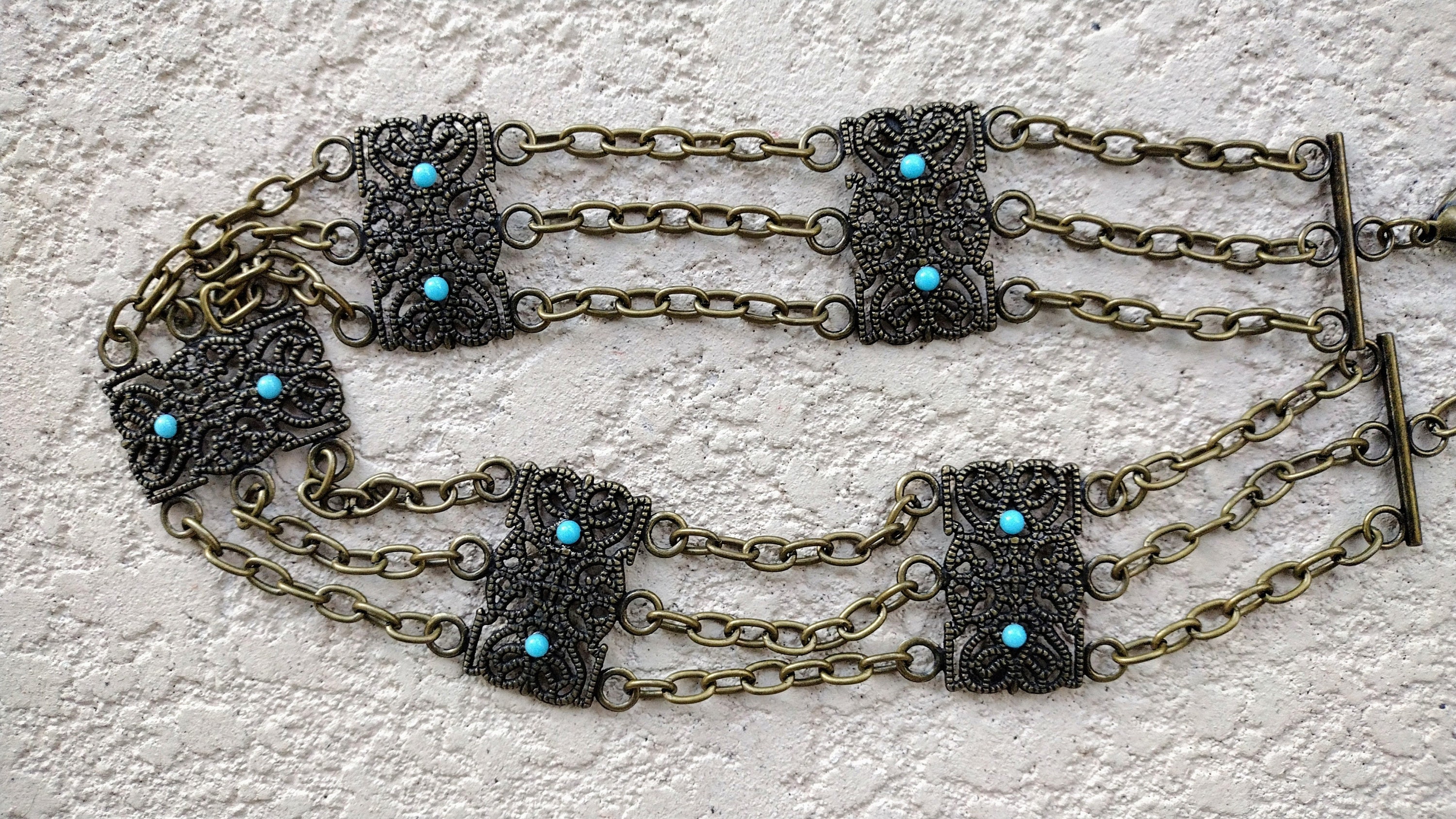 Vintage Gold Chain Belt: Faux Turquoise Filigree Medallions  display picture 3