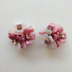 Vintage Floral Clip On Earrings: Pink Rhinestone Flower Cluster, West Germany