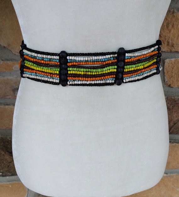 Bohemian eaded Multicolor Waist Belt with Wooden Buckle Tong Gu Women Glass Beaded Elastic Belt Wide Waistband Boho  main image 4