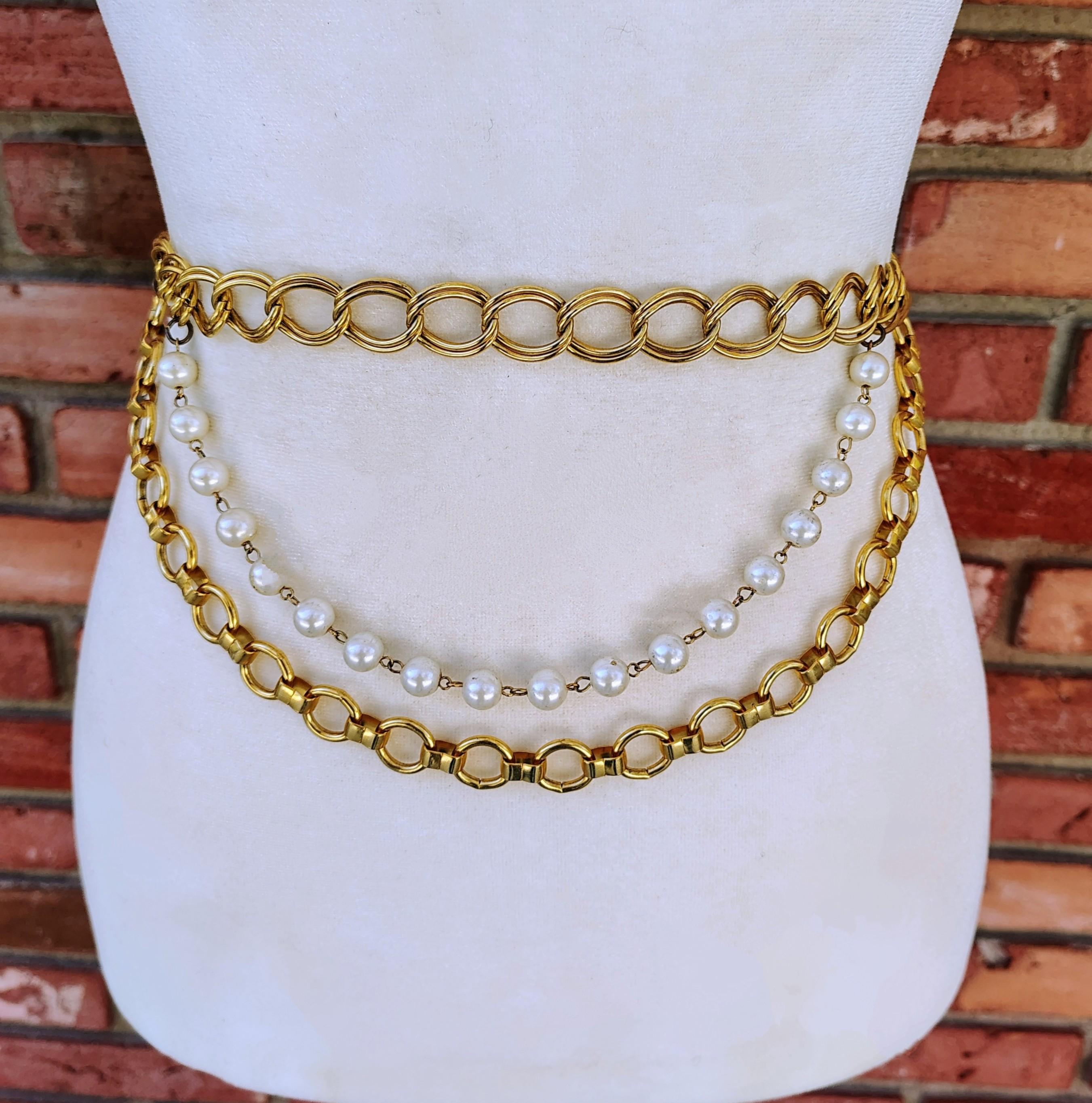 Vintage Chain Belt Faux Pearls Gold Metal Curb Chain Three  display picture 2