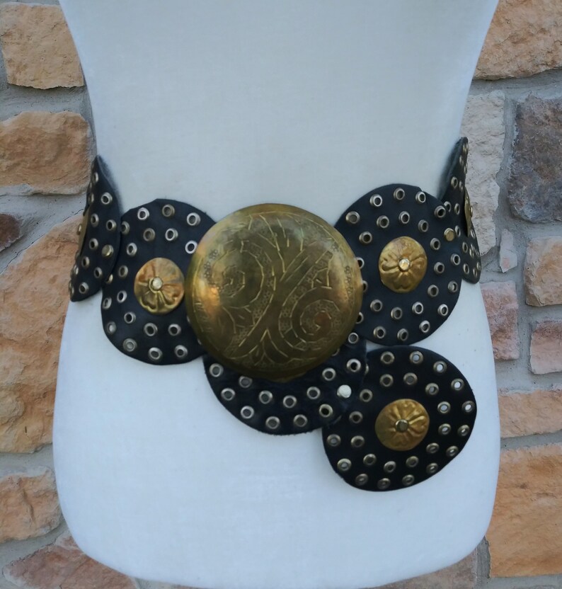 Antique Gold Metal Medallion Black Leather Retro Boho Large Moroccan Tribal ATS Vintage Belt
