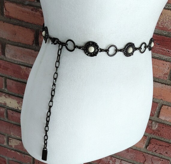 Vintage Chain Belt Dark Antique Gold Metal Faux Cream… Gem