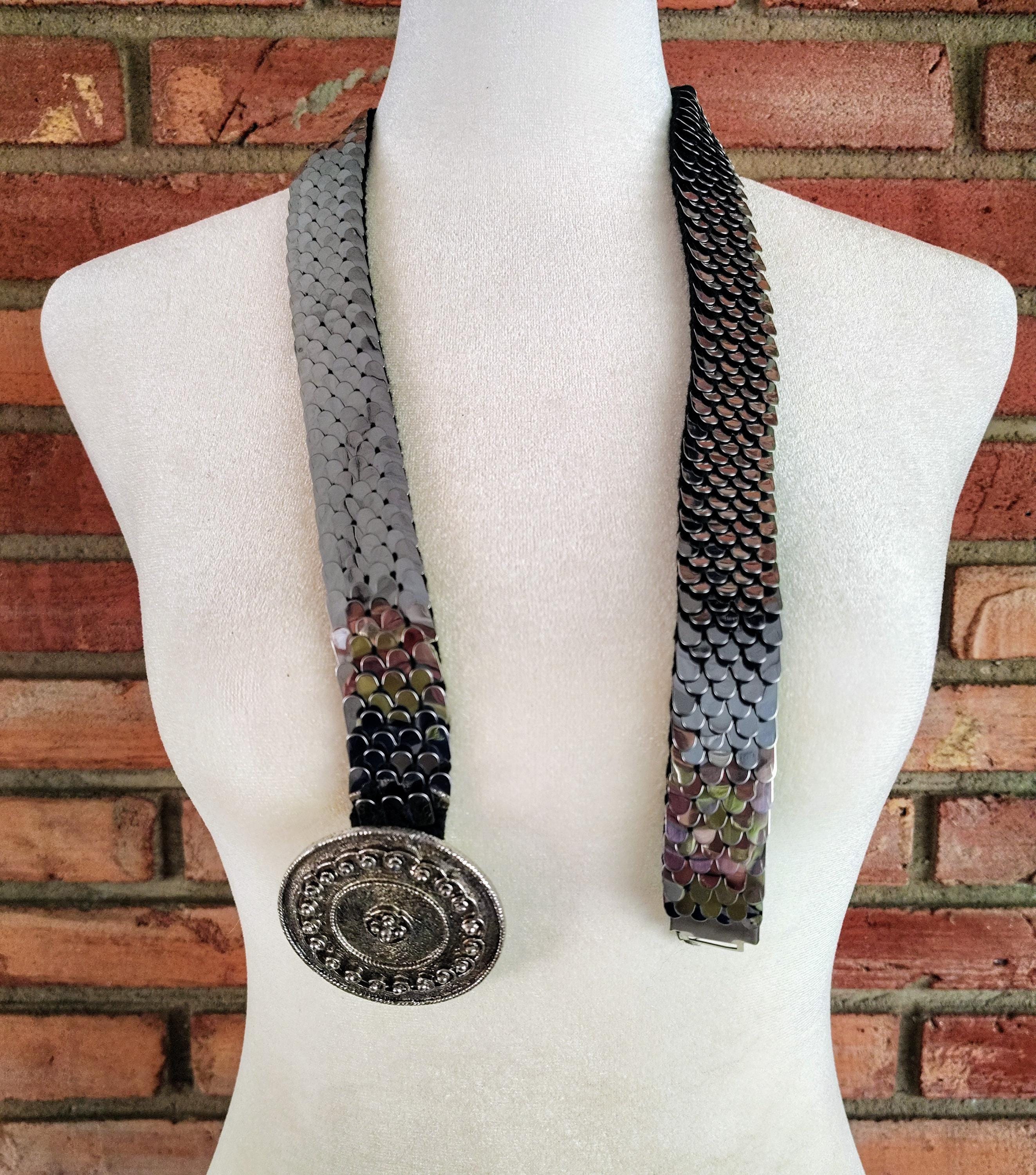 Vintage Silver Metal Stretch Belt: Snake Scale Disco Design 