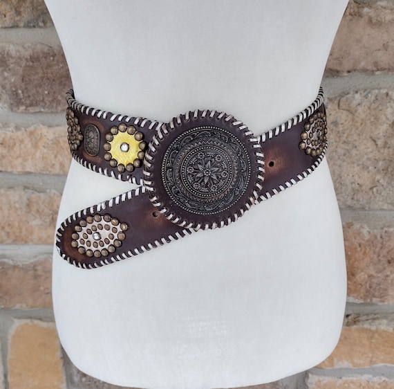 Vintage Chico s Belt Genuine Brown Leather Gold Studded Clear