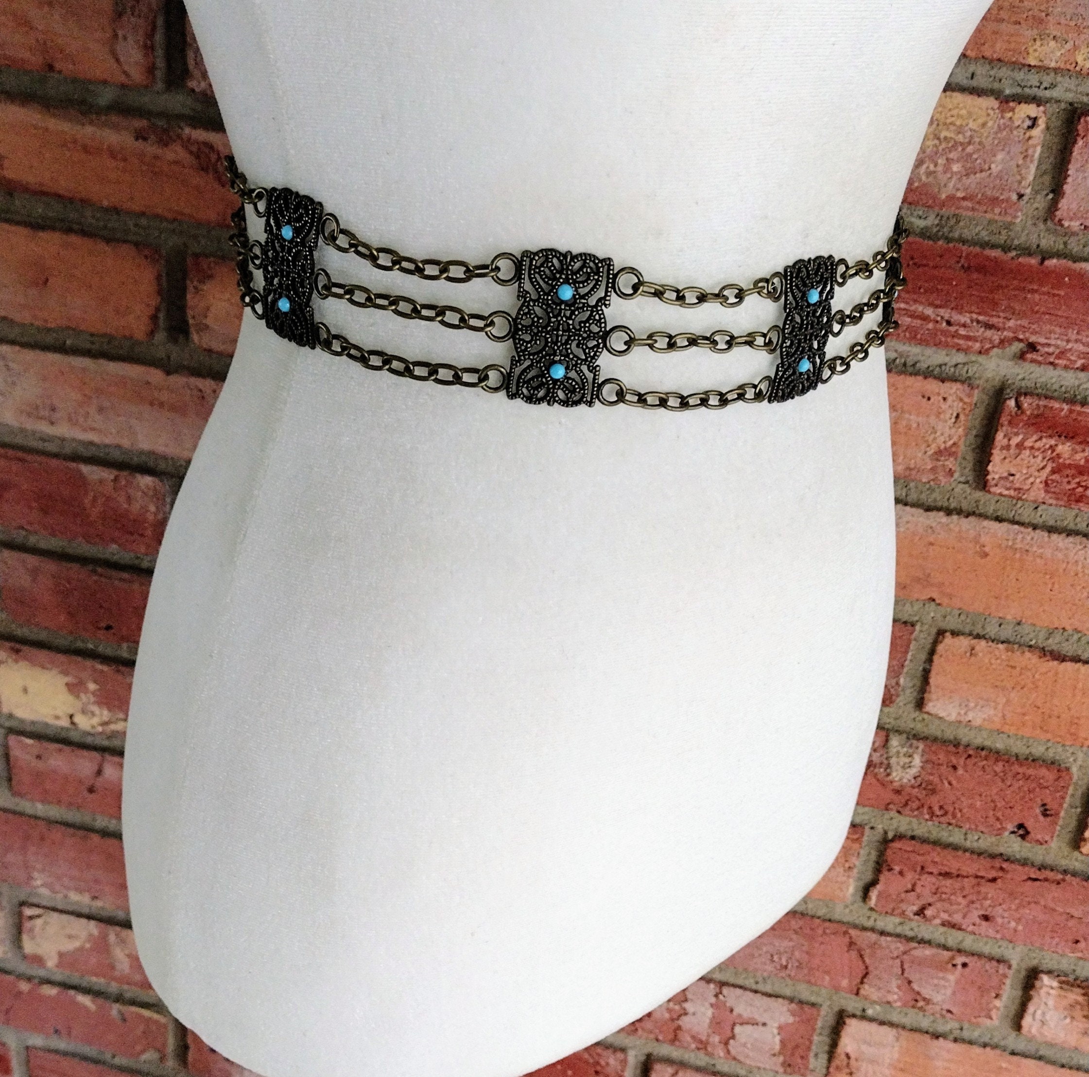 Vintage Coppery Gold Tone Etched Faux Turquoise Chain Metal Belt Vintage Metal Chain Belt With Faux Turquoise Stones  main image 2