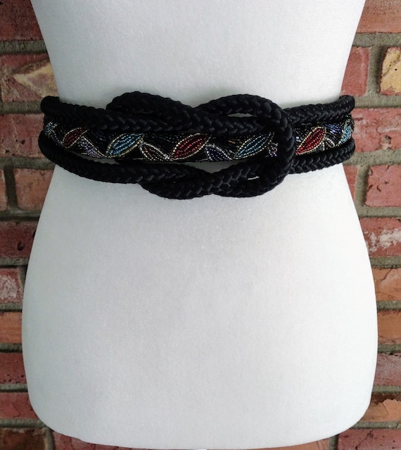 Vintage Beaded Belt Black Braided Rope Cording Bla
