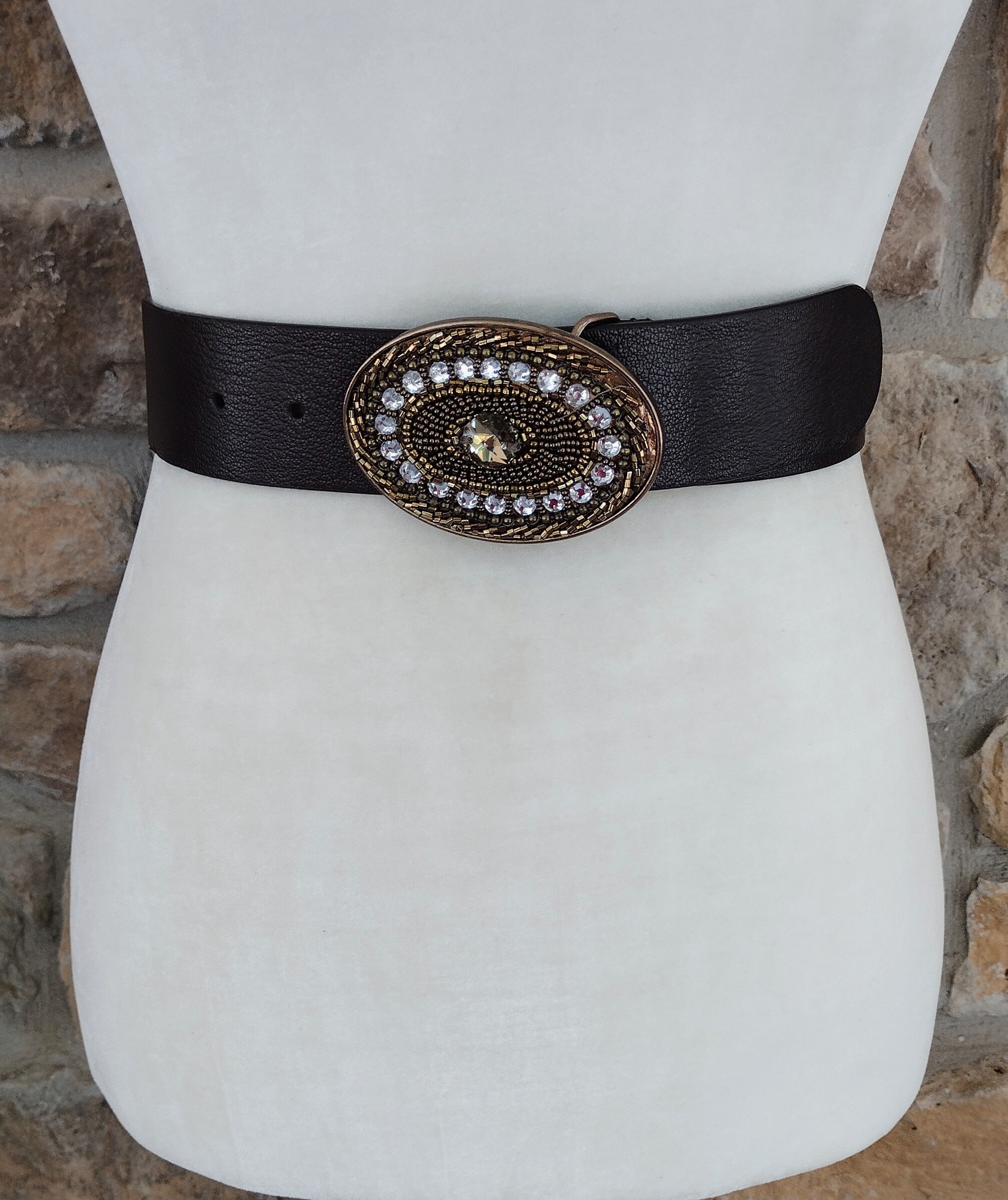 Chico\'s Studded Belt Womens Medium Black Rhinestone Crystal Adjustable Buckle Chico main image 3