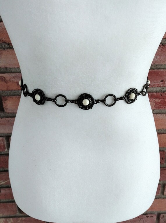 Vintage Chain Belt Dark Antique Gold Metal Faux Cream… Gem