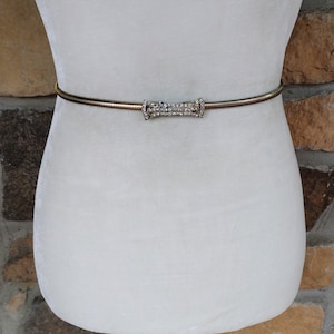 Vintage Snake Belt Gold Tone Metal Clear Sparkle Rhinestone Bow Shape Buckle Thin Slinky Stretch Evening Retro