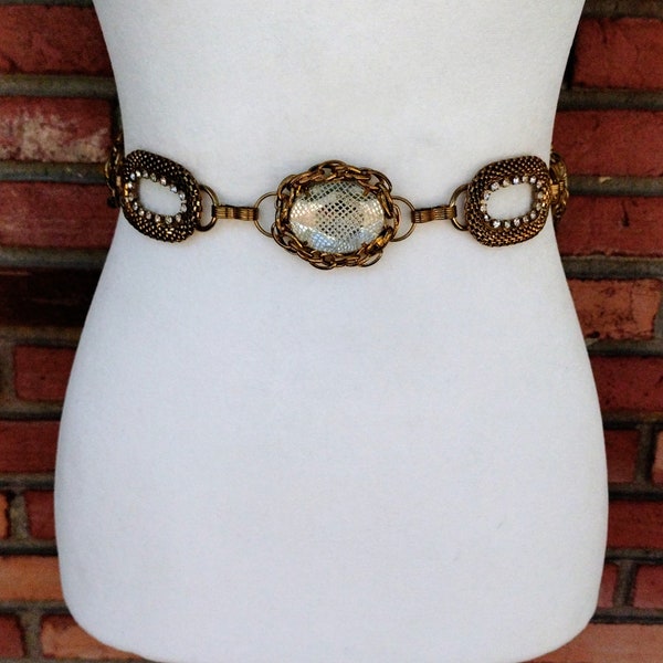 Vintage Chain Belt Copper Tone Metal Clear Rhinestones Textured Metal Mesh Oval Clear Large Rhinestones Sparkly Retro Glam Elegant