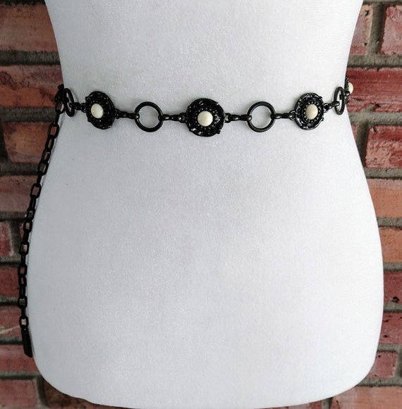 Vintage Chain Belt Dark Antique Gold Metal Faux Cream… Gem