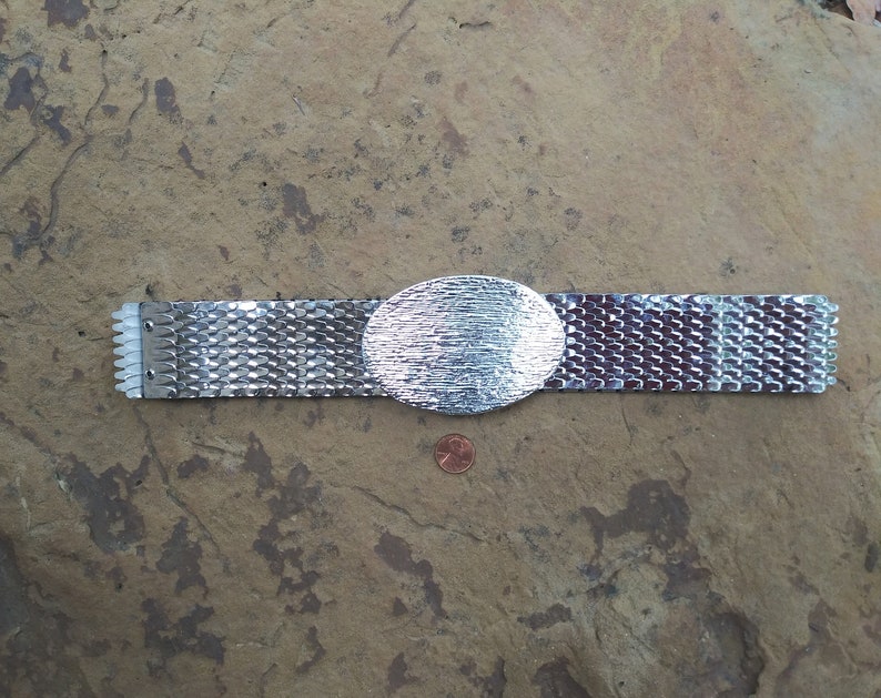 Elastic Stretchy Snake Fish Scale Silver Metal Disco Retro Vintage Belt Slinky Shiny Oval Textured Buckle