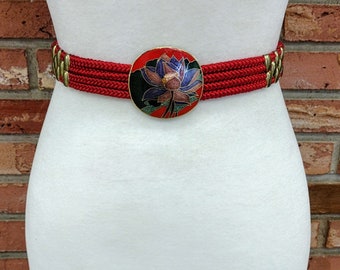 80s Burgundy Stretch Belt | Cinch Belt | Cloisonne Enamel  display picture 3