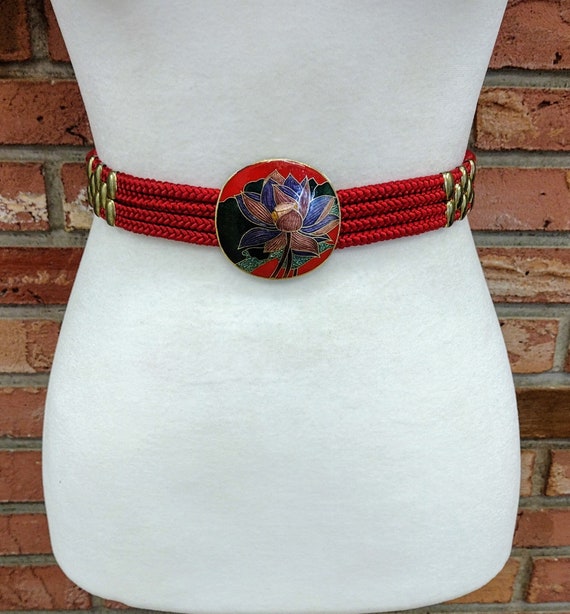 Vintage Red Stretch Belt: Floral Cloisonne Buckle, Gold  display picture 2