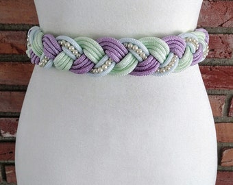 70s vintage green braided Abalone shell rope belt woven chord 70s Vintage Green Braided Abalone Shell Rope Belt/woven  main image 2