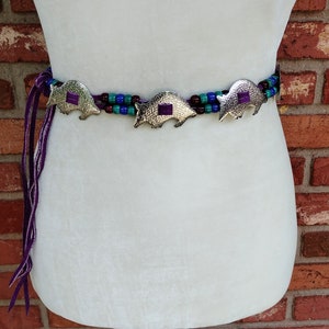 Vintage Handmade Concho Belt Silver Metal Armadillo Conchos Purple Suede Cord Purple Blue Teal Beads Southwest Western Retro