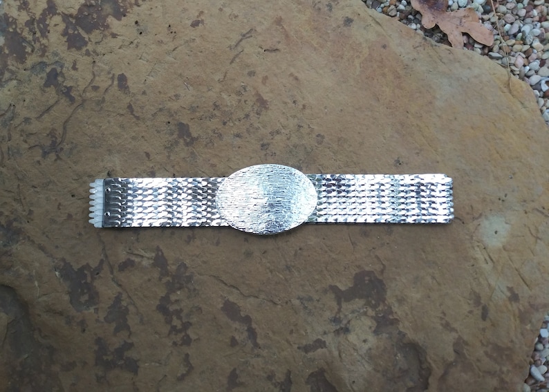 Elastic Stretchy Snake Fish Scale Silver Metal Disco Retro Vintage Belt Slinky Shiny Oval Textured Buckle