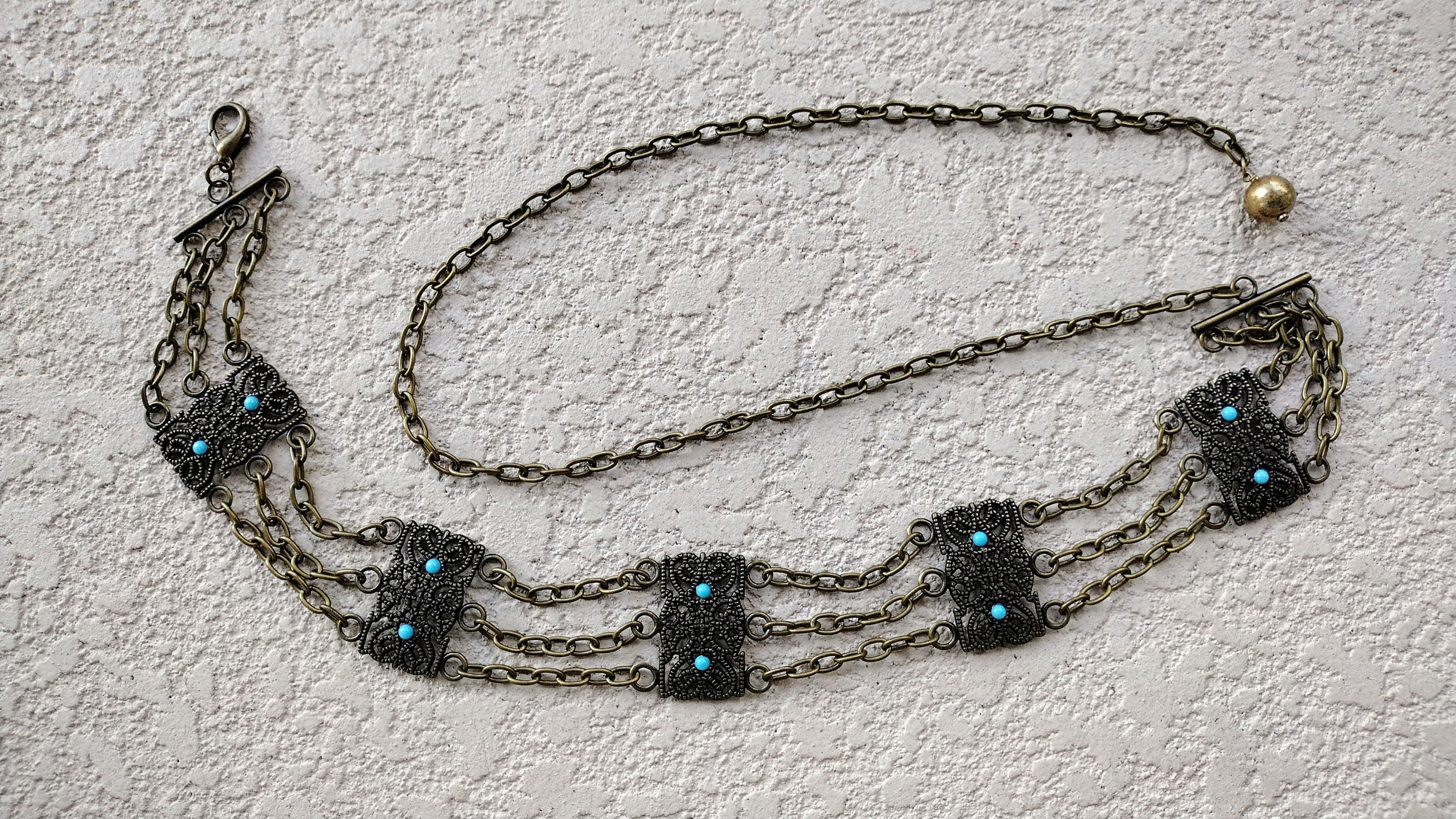 Vintage Coppery Gold Tone Etched Faux Turquoise Chain Metal Belt Vintage Silver Metal and Faux Turquoise Chain Belt 35 Inches  main image 4