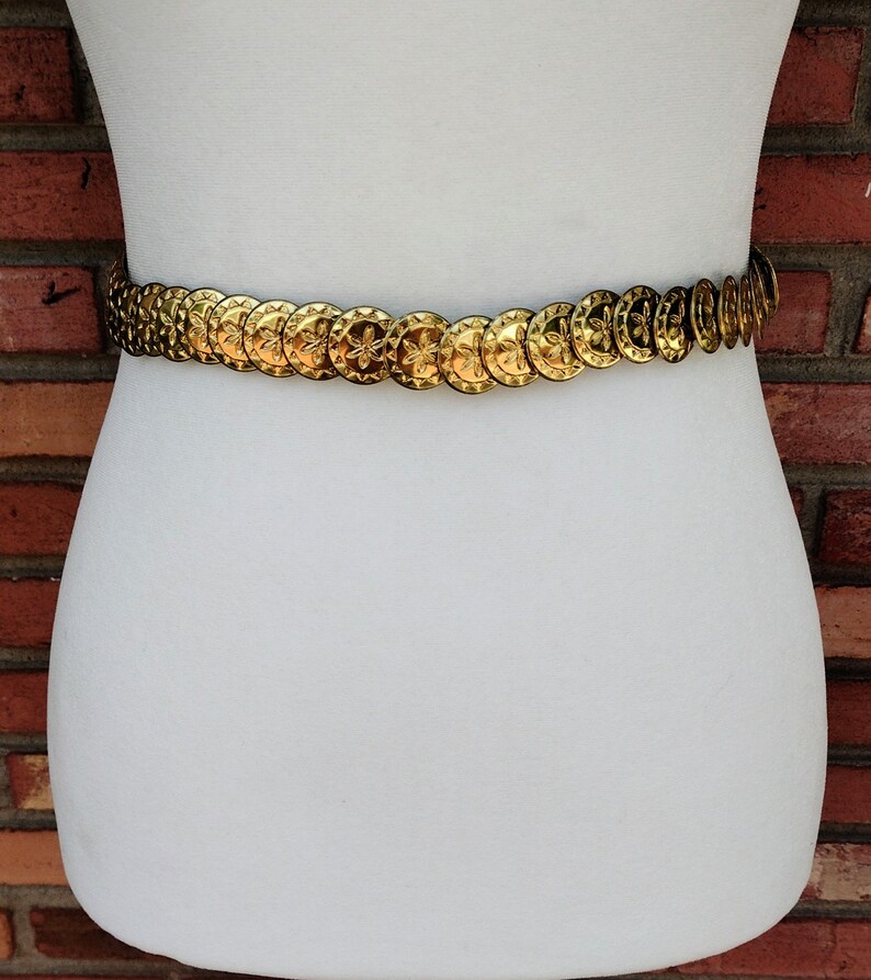 Vintage Metal Belt Gold Metal Thin Skinny Textured Round Coin Etsy